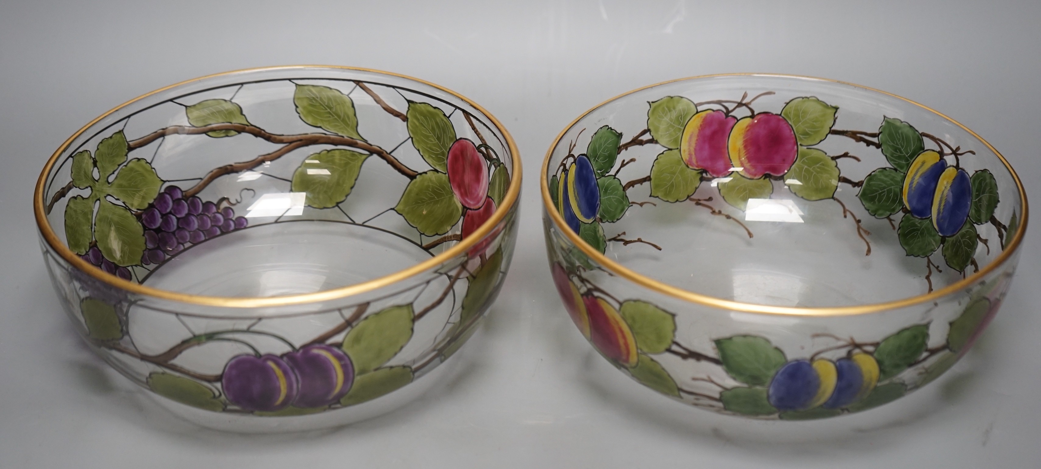 A pair of Bohemian enamelled glass fruit bowls, 23cm diameter